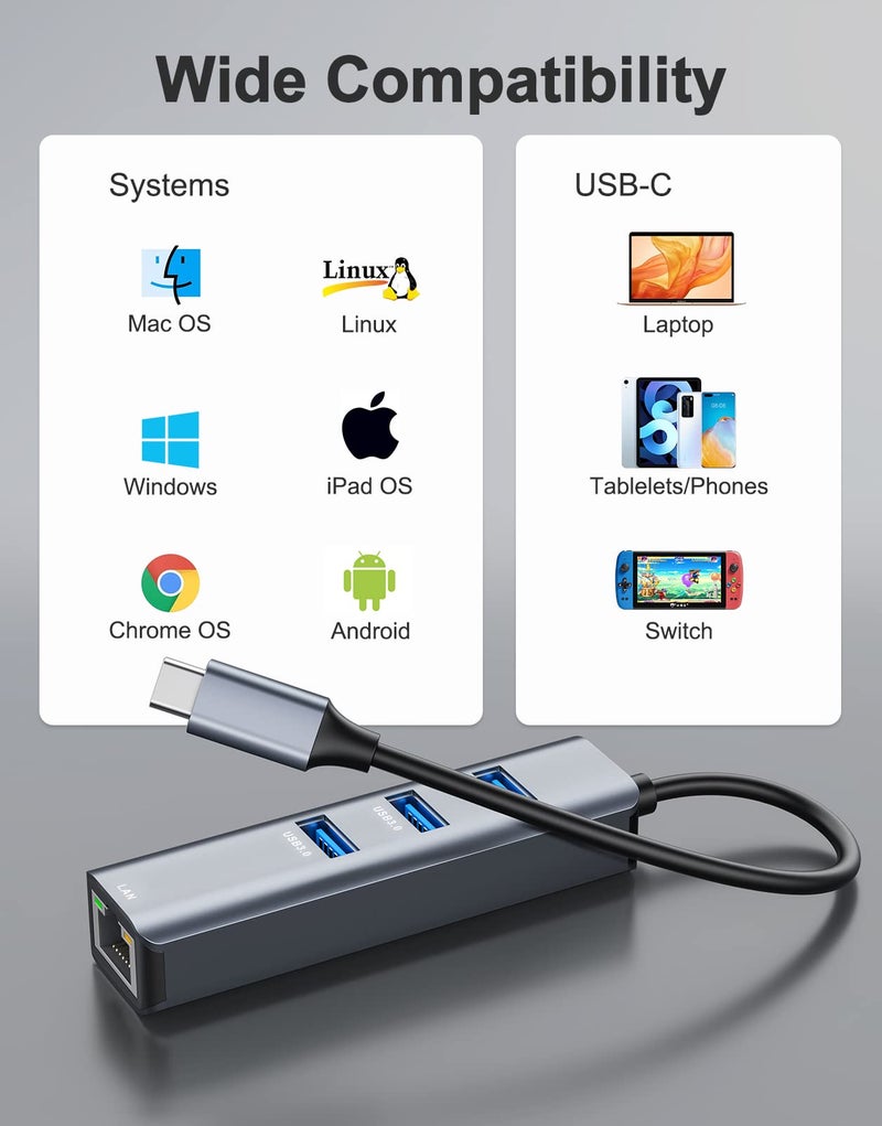 ABLEWE USB C to Ethernet Adapter, 4-in-1 RJ45 to USB-C/Thunderbolt 3 to Gigabit Ethernet LAN Network Adapter for MacBook Pro/Air 2023/2024, iPad Pro, iPhone 15/16 Pro/Max, Chromebook, XPS,Surface Book - Image 5
